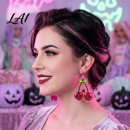 Goth Aesthetic Accessories 1 Pair Acrylic Cherry Earrings for Women 2D Fruit Dangle Drop Versatile Daily with Spider Web And Bow Punk Jewelry
