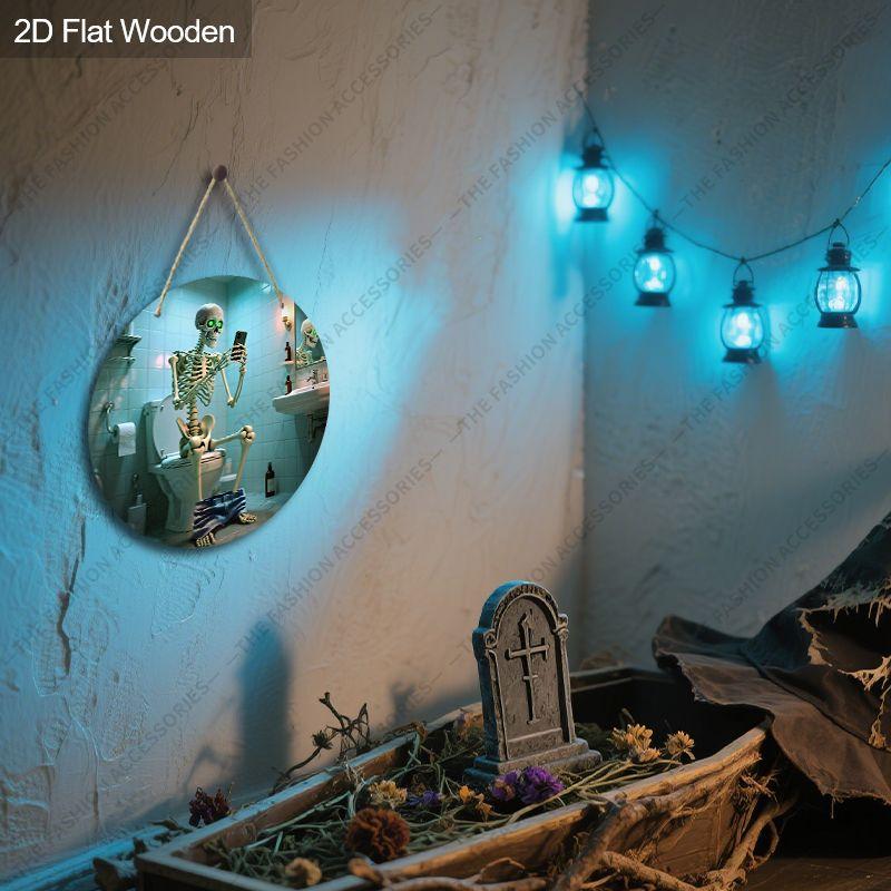 Wooden Hanging Decorative Signs, Halloween Decorations, Bathroom Decorations, 2D Flat Pendants, the Pattern Is a Skeleton Sitting On the Toilet