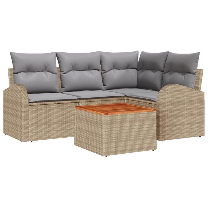 VidaXL Ensemble de Canapé 5 Pièces avec Coussins en Poly Rattan Beige et Acacia 3347574