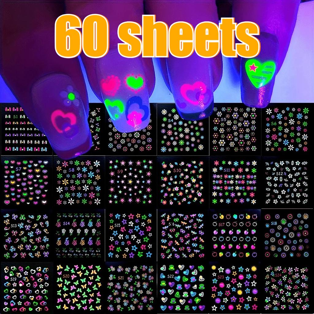 30/60Sheets 3D Glow In The Dark Neon Nail Stickers Nail Art Decorations Glittery Glossy Self-Adhesive with Butterfly Love Heart