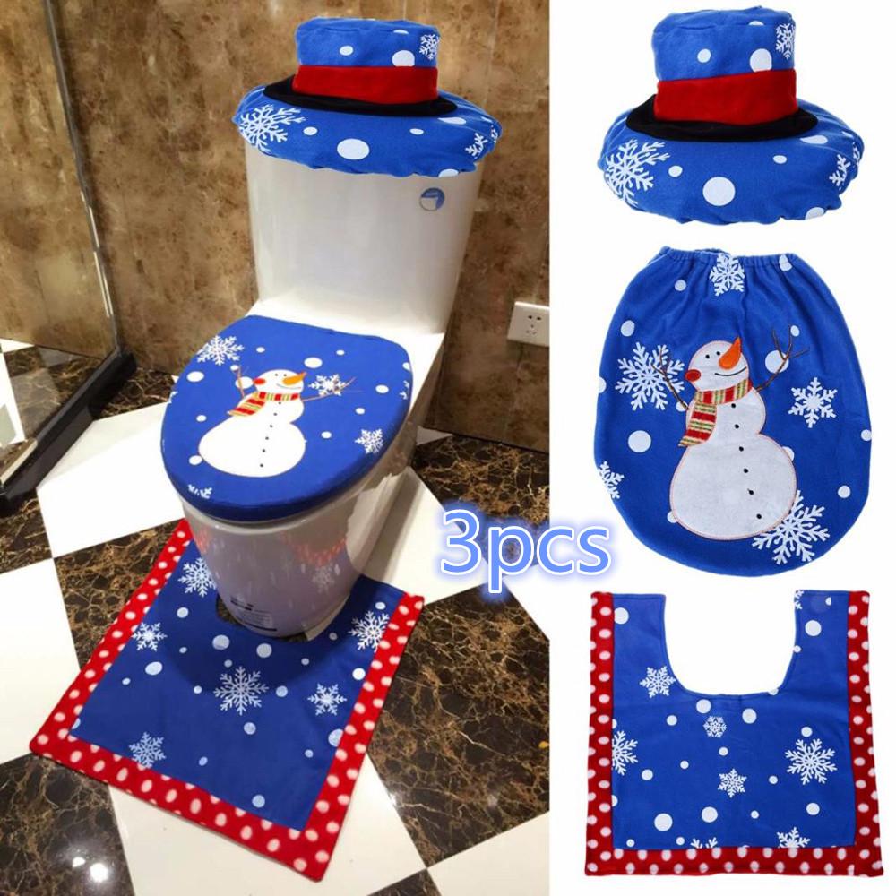 3pcs Fancy Santa Toilet Seat Cover and Rug Bathroom Set Christmas Decor