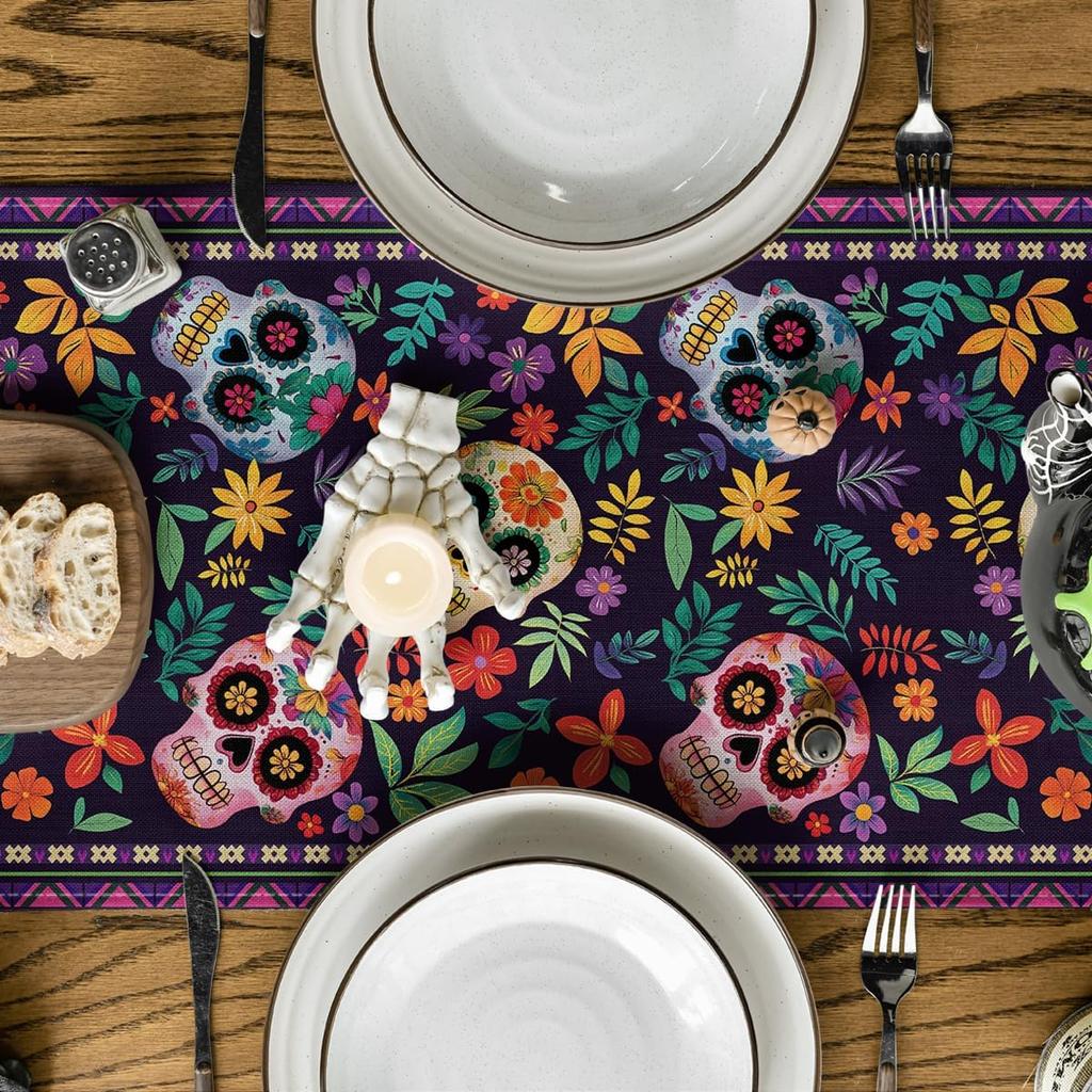 Mexican Day of The Dead Sugar Skull Linen Table Runner Tabletop Decor Dia De Los Muertos Kitchen Dining Table Runner Party Decor