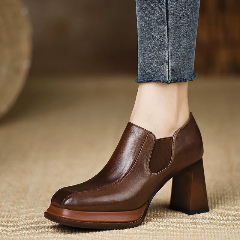 Retro Thick Soled Waterproof Platform High Heels Women Coarse Heels Spring New Style Non Tiring Deep Square Head Shoes