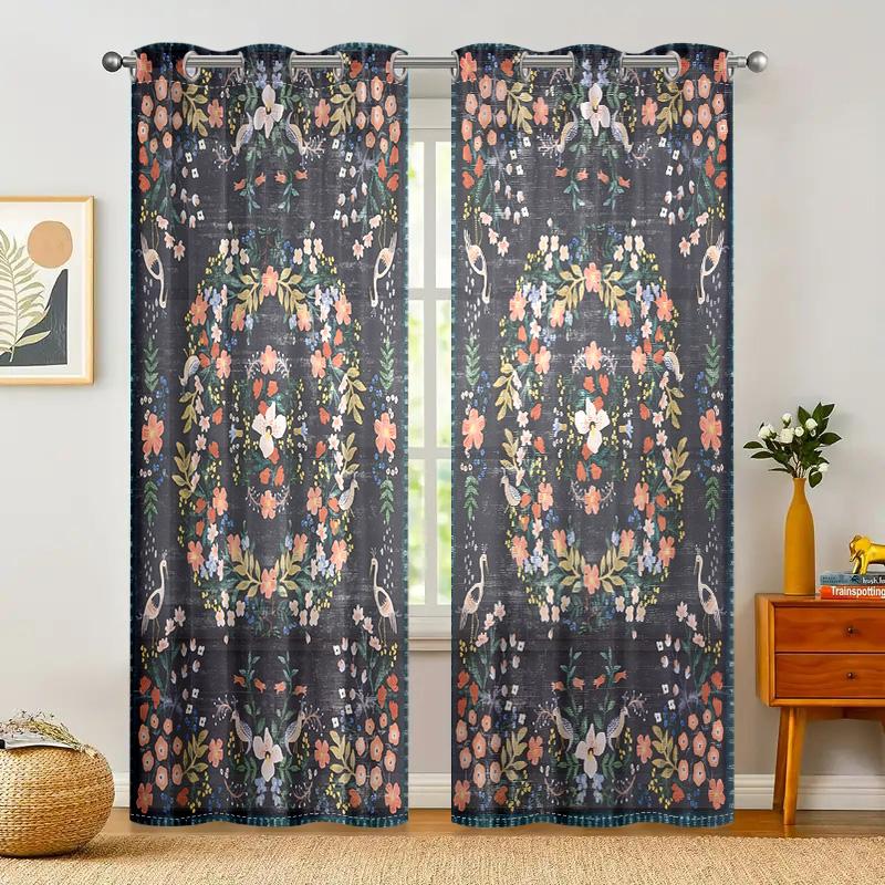 2 Pieces, Retro and Vibrant Floral Luxurious Landscape Curtains - Semi Blackout - Living Room, Bedroom, Home Decoration