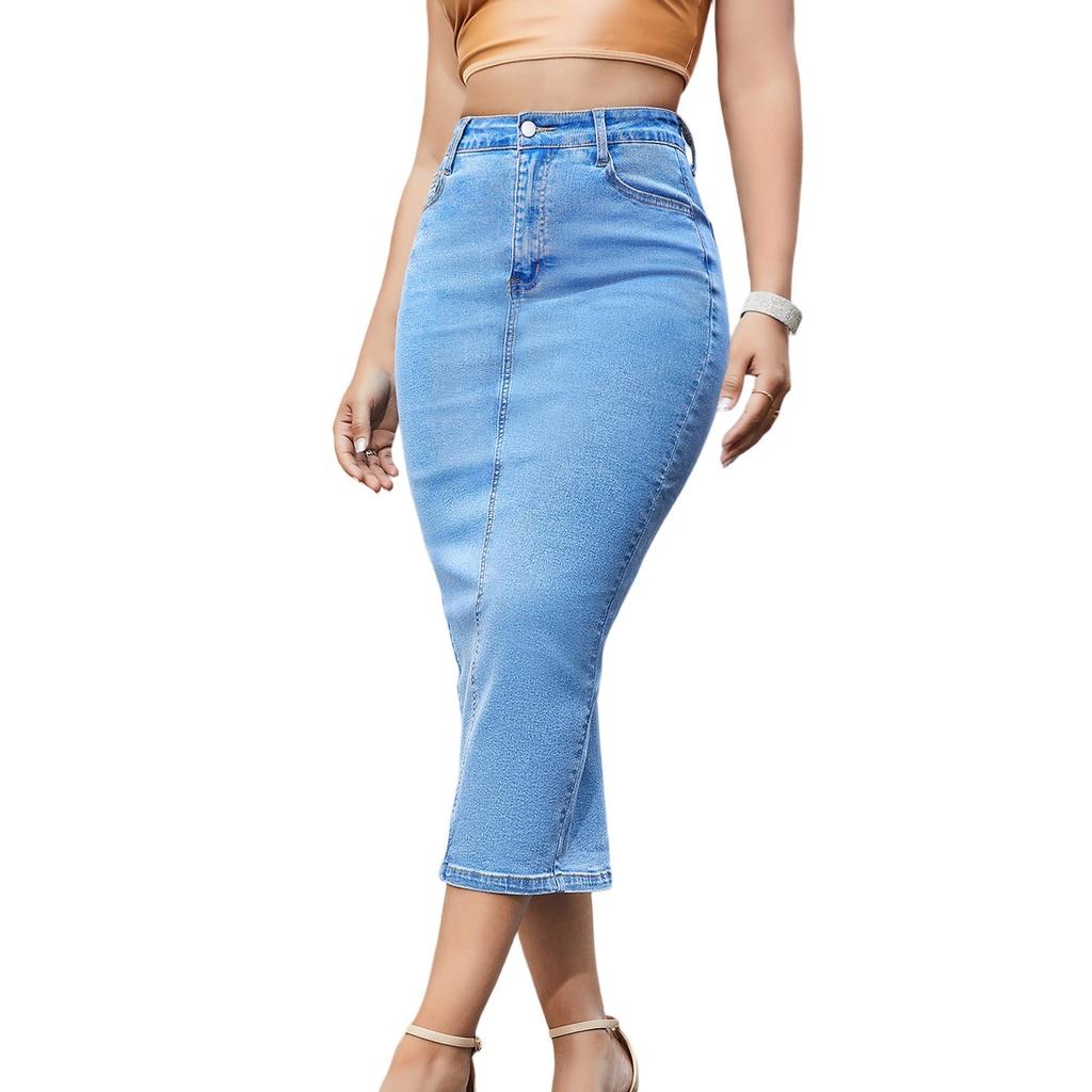 Women's High Waist Denim Hip Hugging Slim Fit Back Slit Skirt With Pockets