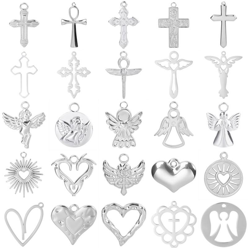 No Fade Silver Color Stainless Steel Angel Charms For Jewelry Making Supplies Handmade Necklace Earrings Pendant DIY Heart Cross