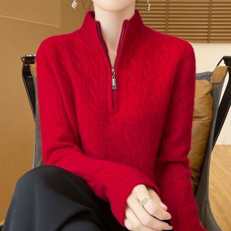 

Осенне-зимний женский вязаный свитер с полувысоким воротником, свободный свитер на молнии со стойкой, однотонный толстый пуловер, вязаный топ L красный