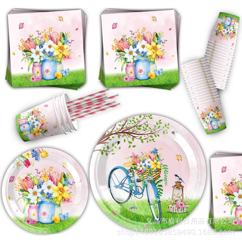 Spring Flowers Flower Theme Party Supplies Tableware Paper Plates Paper Cups Tissue Tablecloths Party Decorations