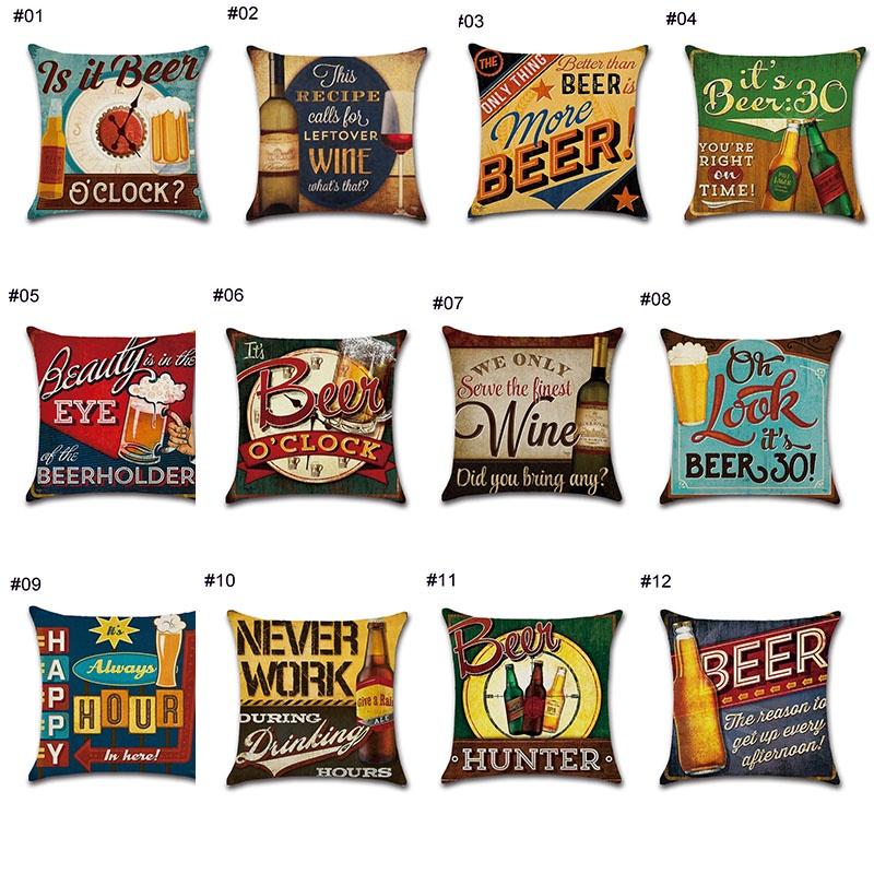 Linen 18" Cotton Pillow Case Vintage Beer Wine Bottle Sofa Throw Cover Cushion