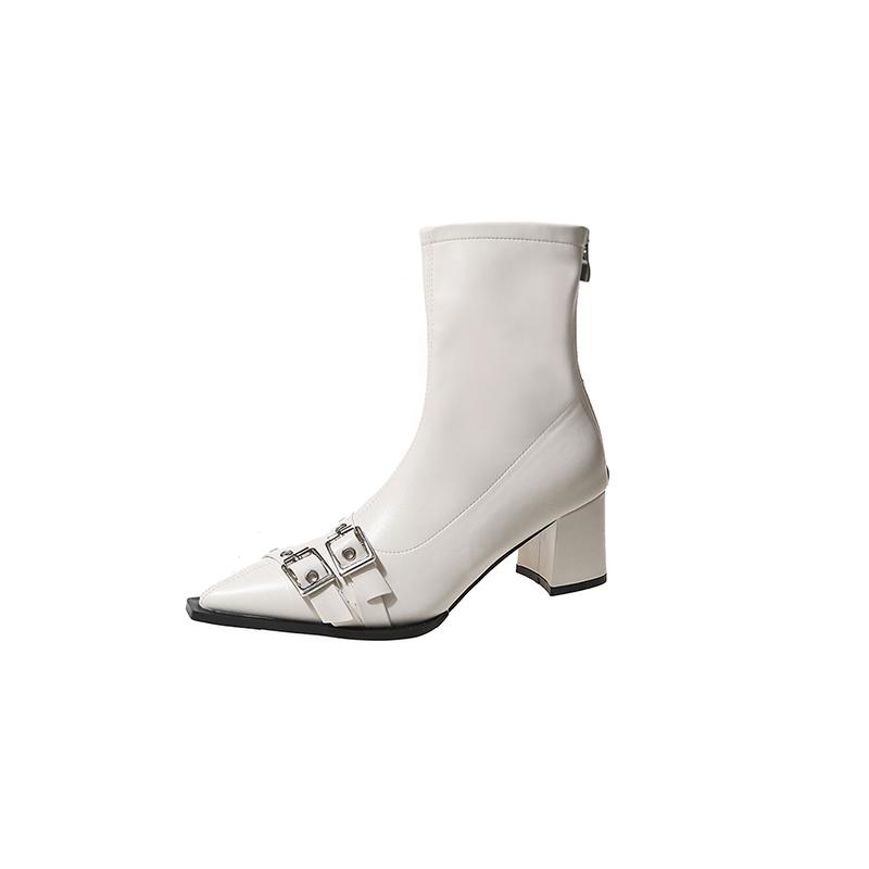 

Belt Buckle Block Heel Booties Fashion Pointed Toe Rear Zipper Soft Sole Non-Slip High Heel Shoes for Women 35 бежевый