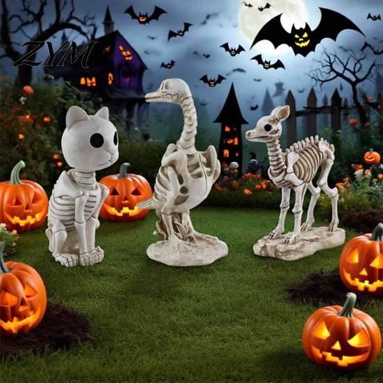 Haunted House Supplies Skeleton Animal Statue, Spooky Deer Cat Duck Figurine, Resin Yard Display Ornament for Halloween Table Centerpiece, Front Porch
