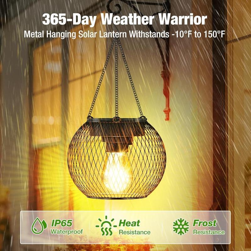 Solar Lanterns Outdoor Waterproof Metal Hanging Lights with Hooks Auto On/Off Warm Lighting for Porch Garden Yard Pathway Patio Landscape Decor