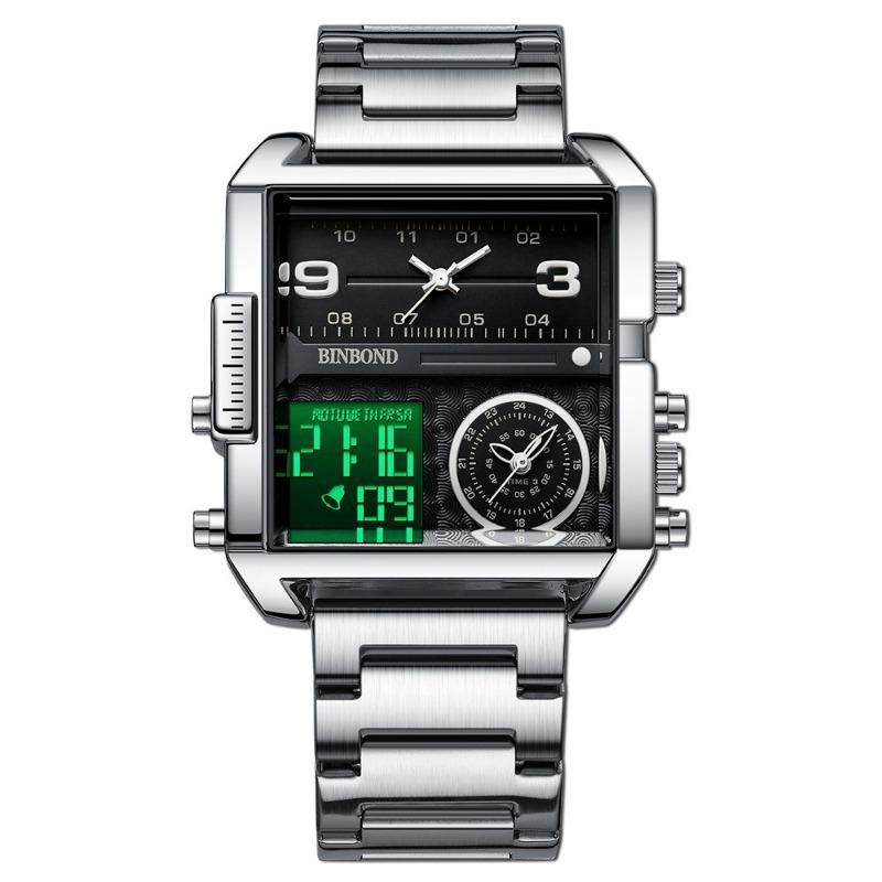 Top Brand Fashion Trend Square Double Display Electronic Watch Binbang Men's Student Waterproof Steel Band Watch Belt Quartz Watch