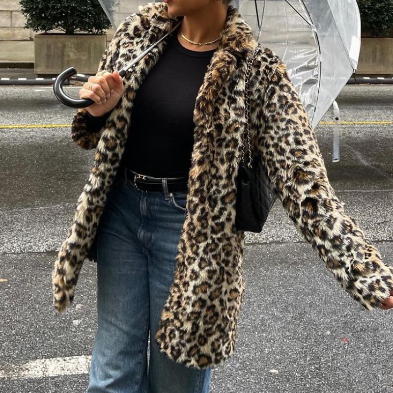 Volné kabáty z umělé kožešiny s leopardím potiskem Ženy Vintage Kožešiny s klopou Kapsa tlustší Podzim Zima Módní Dámský kabát