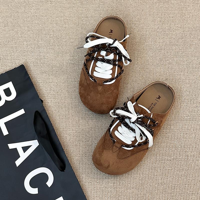 Retro Versatile Fashion Design Sense Niche Baotou Half Slippers Women's Autumn and Winter Lace-up Outer Wear Casual Thick-soled Slippers