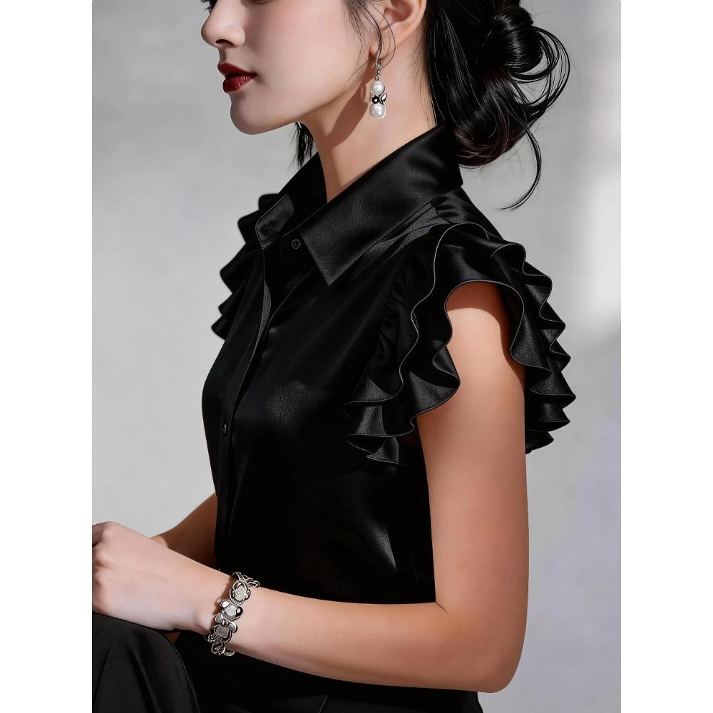 Summer new satin ruffle edge short-sleeved women's solid color casual shirt