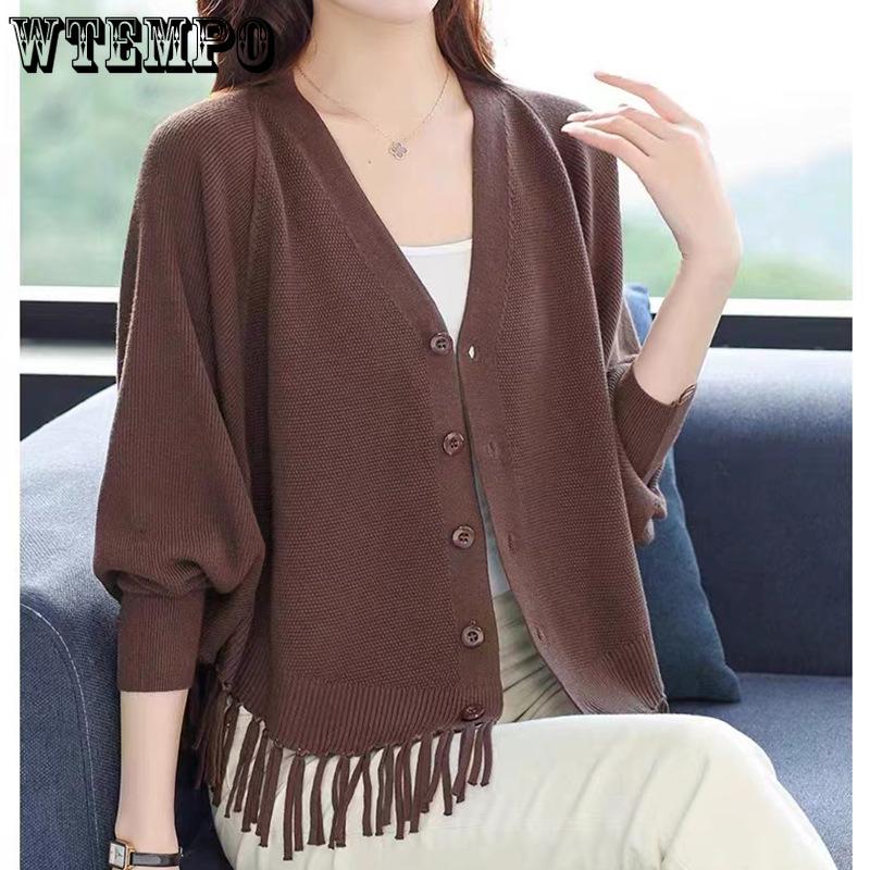 Tassel Knitted Cardigan Coat for Women Autumn/Winter Loose V-neck Sweater for Women