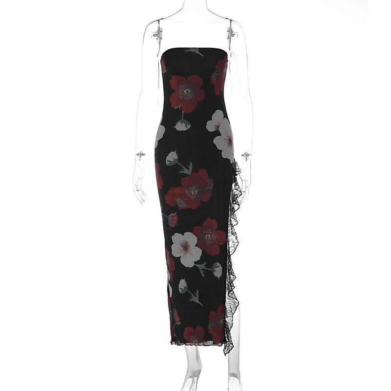 2024 European and American Retro Style Print Tight Strapless Dress Sexy Lace Split Mid-Length over-the-Knee Dress