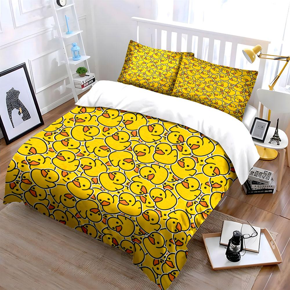 Yellow cartoon duck pattern Print Bedding Set 1 Duvet Cover 2 Pillowcases for Adult and Children Luxury Gift Full Size