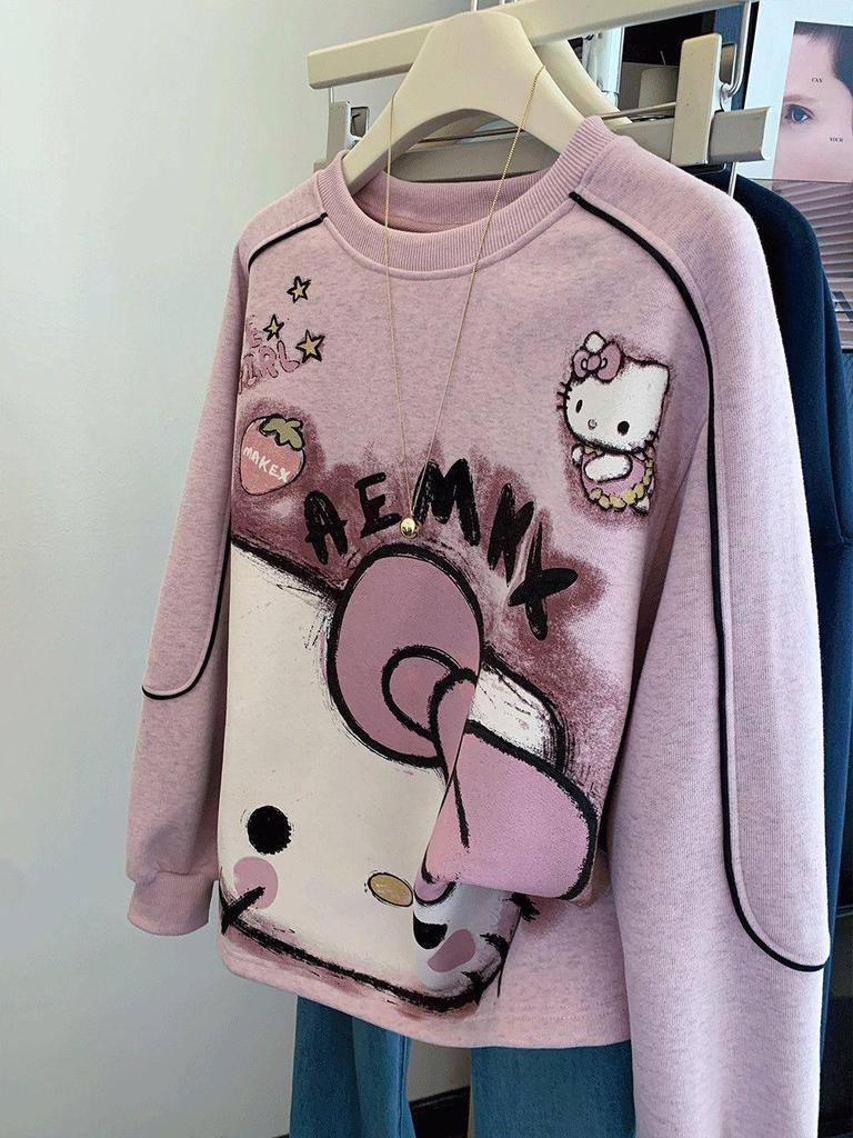 Women's Cute Pink Cartoon Crew Neck Sweatshirt - Early Autumn Petite Style, Super Trendy.