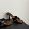 European and American style square head cross belt color matching one-word slippers 2025 summer new open-toed stiletto high-heeled cool slippers