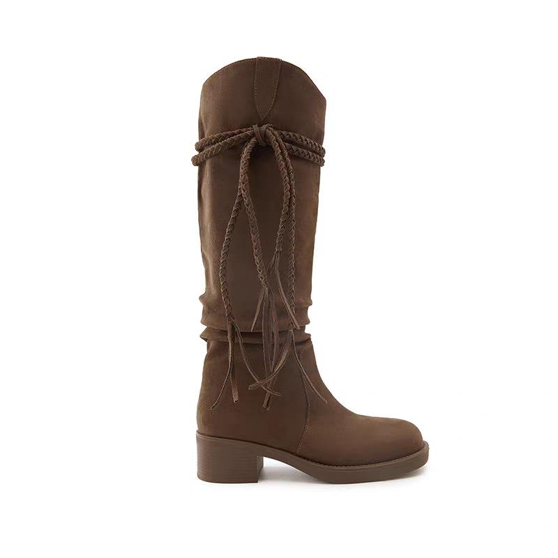 Egyptian style! Retro woven fringed stacking boots women's new medium-length knight boots thick-soled Martin short boots