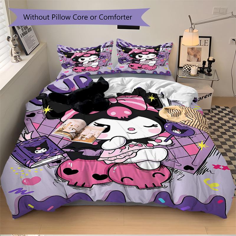 3pcs Kuromi's Sweet Halloween Adventure Sanrio Print Bedding Set (1 Cover + 2 Pillowcases, Without Inserts),  Soft and Comfortable S058