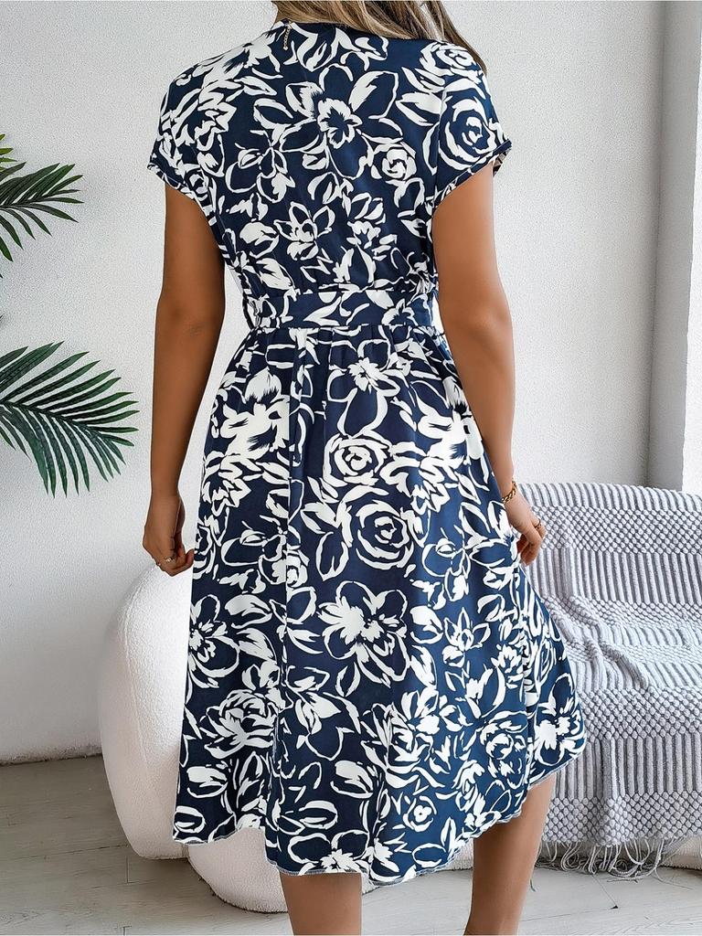 V Neck Printed Button Dress Waist Hugging Elegant Stringy Selvedge Dress for Women Batwing Sleeve Loose Dresses Causal Dress