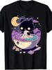 Whimsical Black Cat Eating Noodles T-Shirt - Night Sky Illustration with Crescent Moon and Stars, Cu