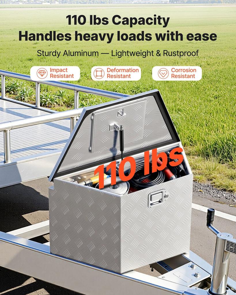 Trailer Tongue Box, 838 x 483 x 457 mm Aluminum Trailer Tongue Tool Box, Heavy Duty Storage Organizer with Lock & Keys, Utility Tool Chest for Pickup