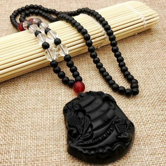 Men's Domineering Pixiu & Dragon Necklace with Guan Yu Pendant - Imitation Obsidian Couples Gift