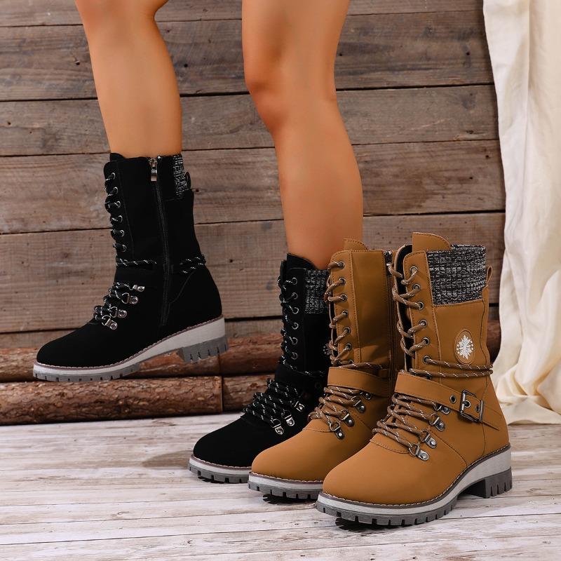 Plus-size Shoes, Mid-calf Women's Boots, Single Round Toe Square Heel Leather Buckle Boots
