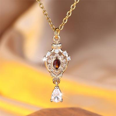 Female Crystal Red Zircon Stone Oval Pendant Necklace Vintage Round Gold Color Wedding Jewelry For Women