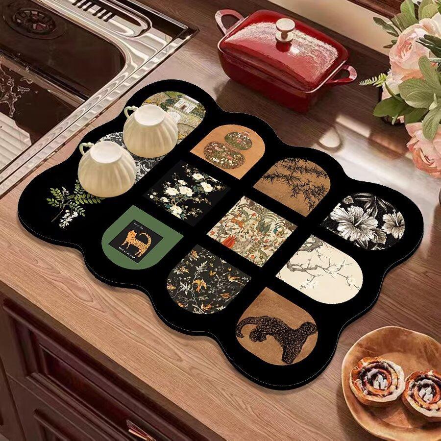 Vintage Kitchen Countertop Draining Mat Tableware Mat Non-Slip Mat Microwave Oven Top Mat Placemat Heat Insulation Mat
