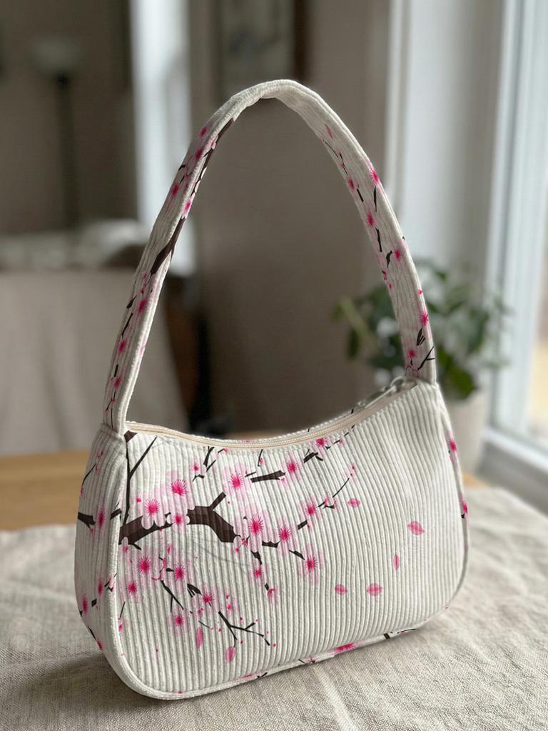 Trendy Cherry Blossom Print Shoulder Bag, Corduroy Underarm Bag for Daily Casual Use