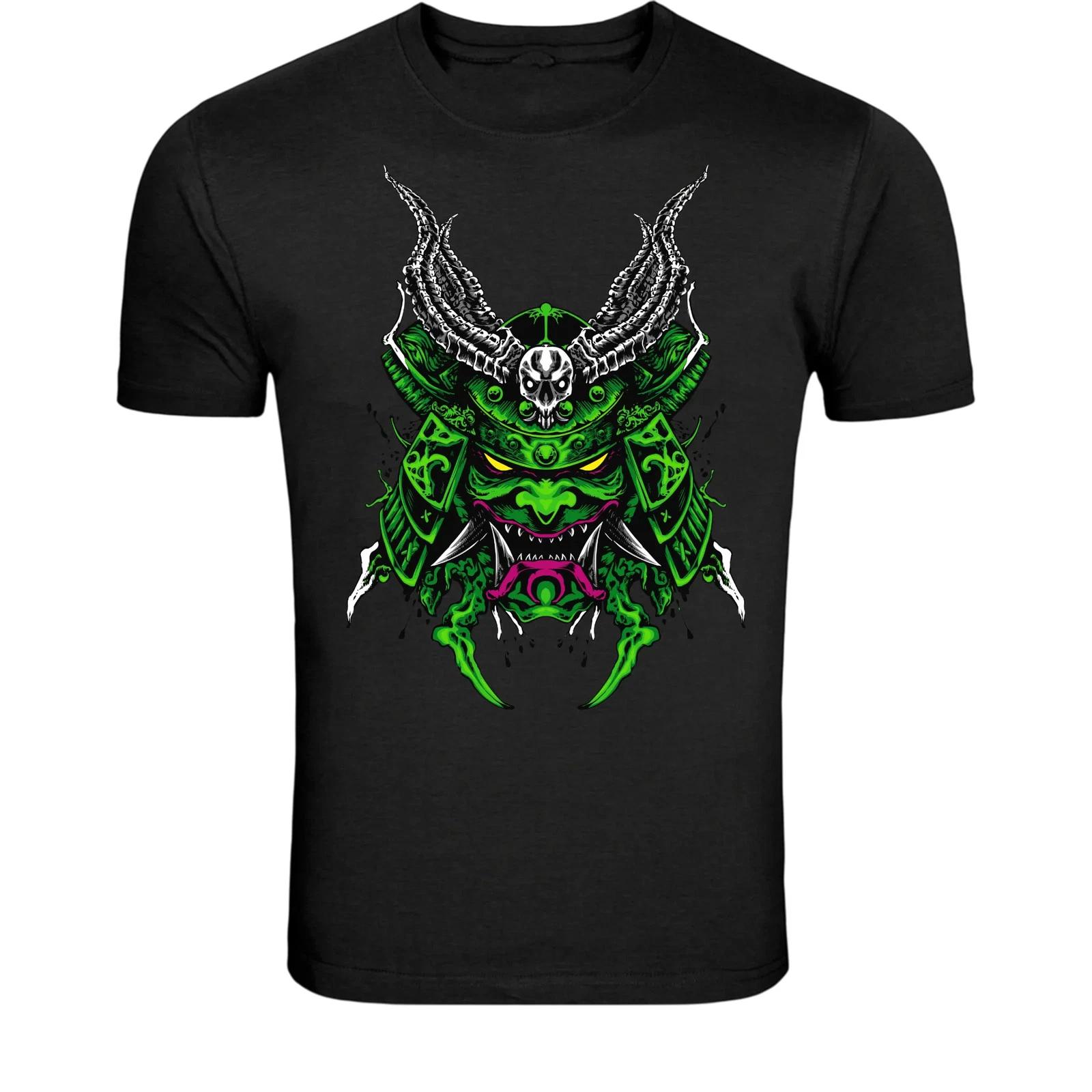 Samurai Demon Mask T-Shirt - Japanese Oni Warrior Helmet Graphic M