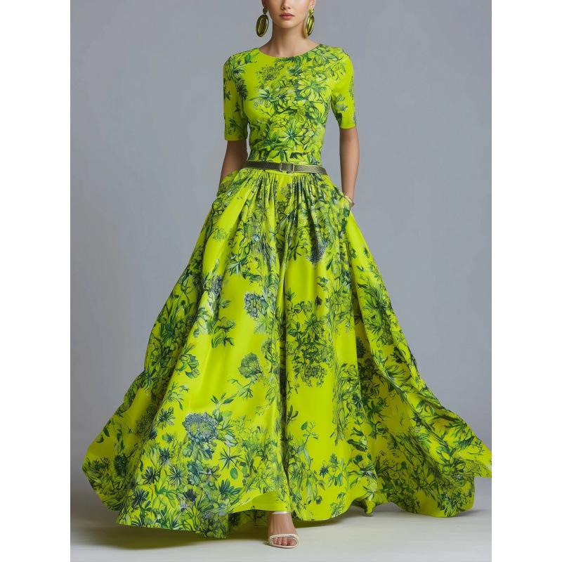 European fashion and elegance temperament floral crew neck high waist skirt summer new thin dress S