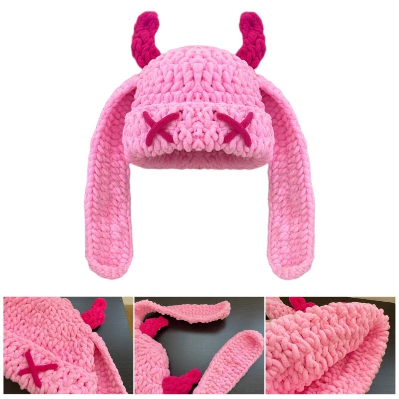 Handmade Crochet Cap with Devil Horn Long Ears Stretchy Pullover Hat Winter Warmth Hat Halloween Cosplay Head Accessory