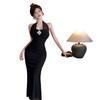 French niche fashion design sense pure desire neck sexy long dress low cut mesh style dress summer