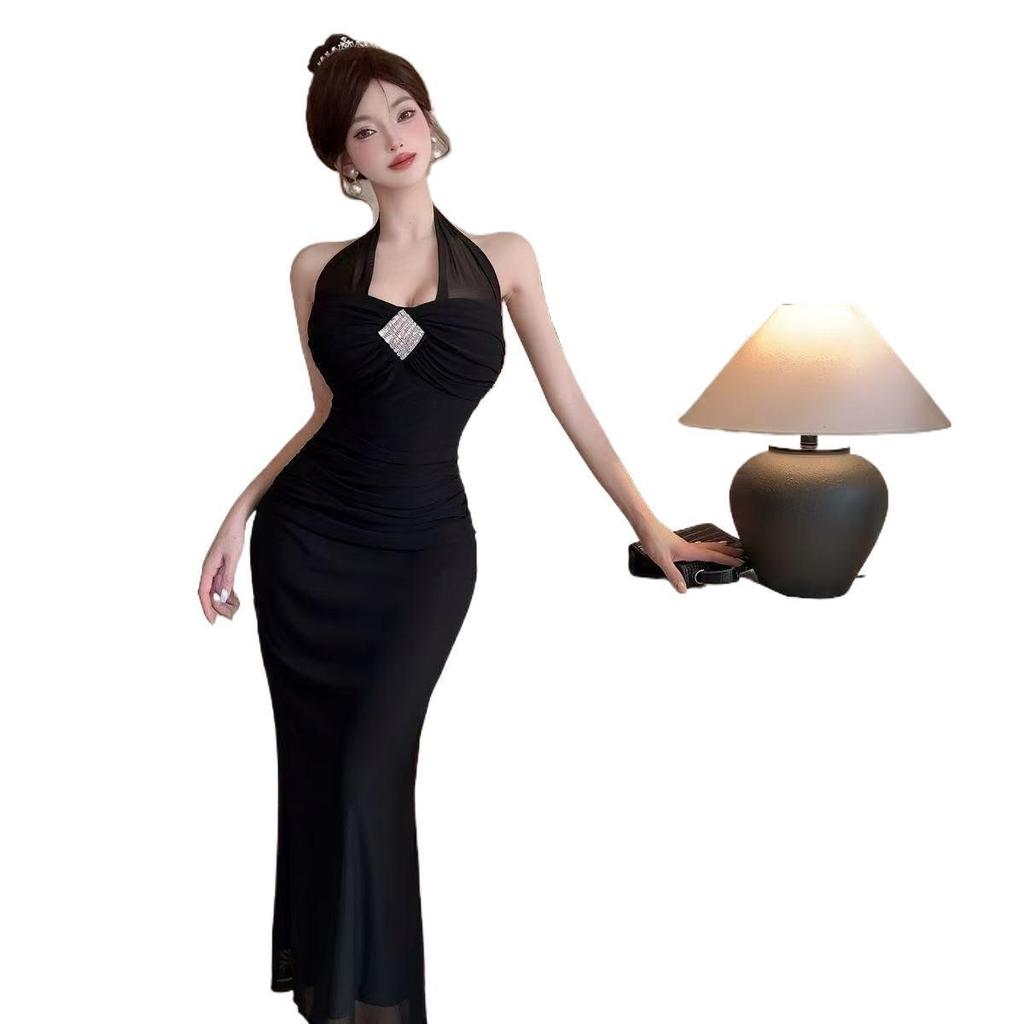 French niche fashion design sense pure desire neck sexy long dress low cut mesh style dress summer