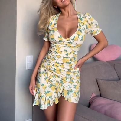 2026 New Cross-border Women's Clothes Sweet Fresh V-neck Printed Fungus Border Dress