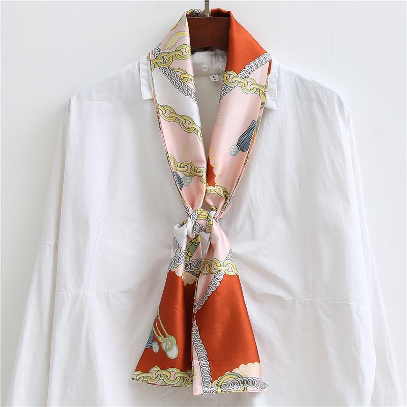 Thin and narrow long silk scarf Double-layer double-sided scarf Simulation silk female Korean version fashionable versatile decorative scarf literary