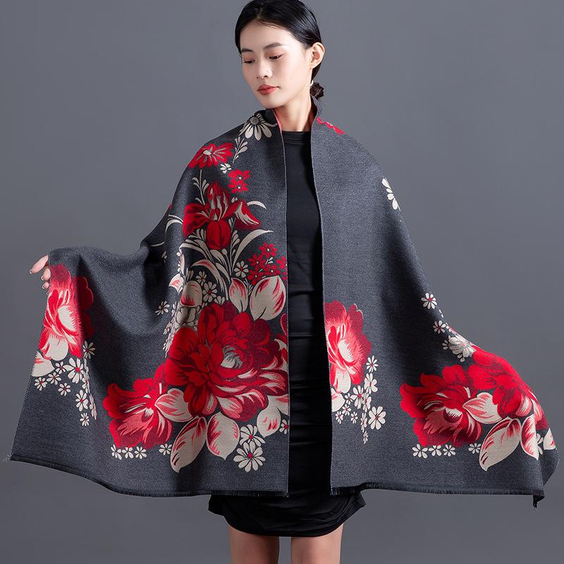 Women S Warm Faux Cashmere Flower Jacquard Scarf Versatile Shawl