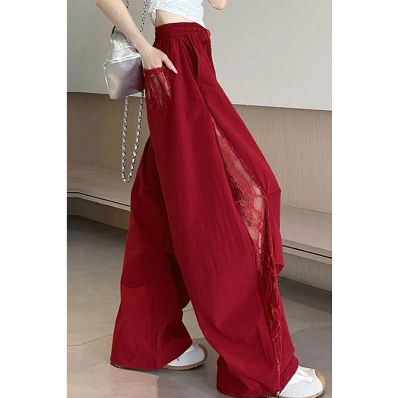 

Women s Wide Leg Pants Extra Long with Lace Side Panels Elastic Waist S червоний