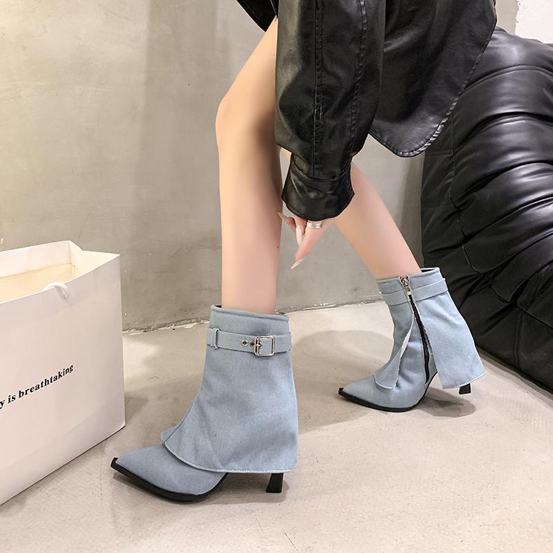 Winter New Thin Heel Cotton Boots Women's Pointed Side Zipper Belt Buckle Anti-slip Wear-resistant Short Boots