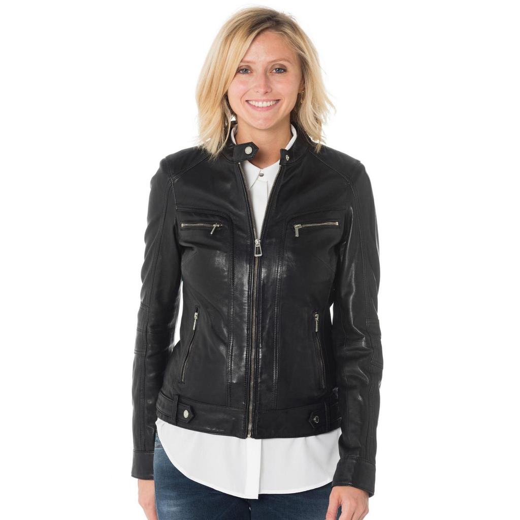 SKINOUTFIT Womens Real Leather Black Biker Motorcycle Jacket Lambskin Slim Fit Jacket Coat