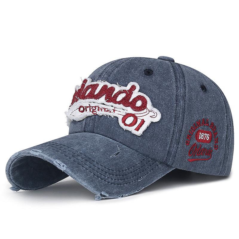 Fashionable Distressed English Embroidered Baseball Hat with Perforated Patch and Curved Brim