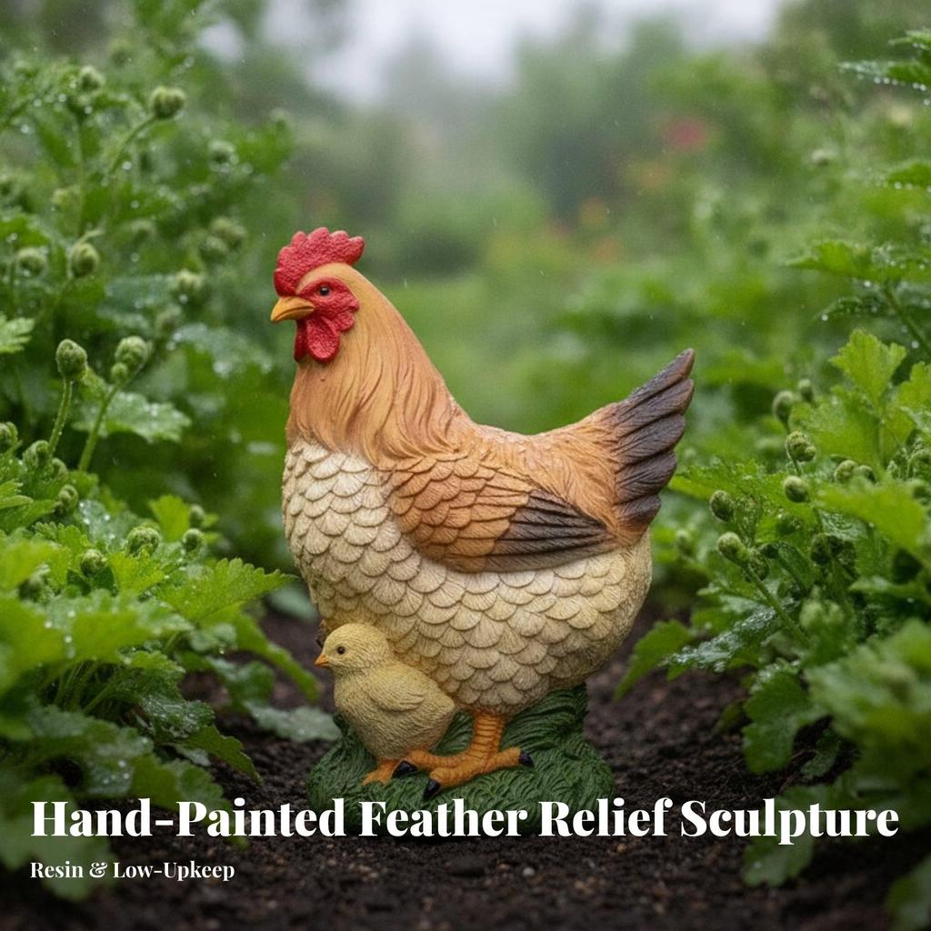 Hen Statue with Chick Outdoor Mother and Hand-Painted for Patio
