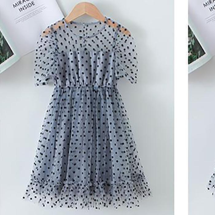 Children Dress Spring Summer Kids Clothing Baby Girls Clothing Wave Point Short Sleeve Dress Girl Mesh Dress Ruffle