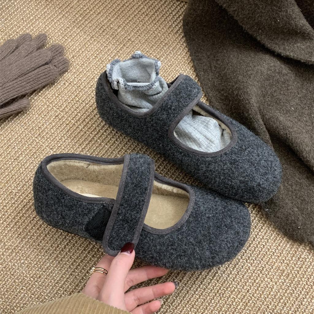 Gray~ very gentle and advanced! Hairy shoes women wear warm autumn and winter flat Mary Jane velvet cotton shoes
